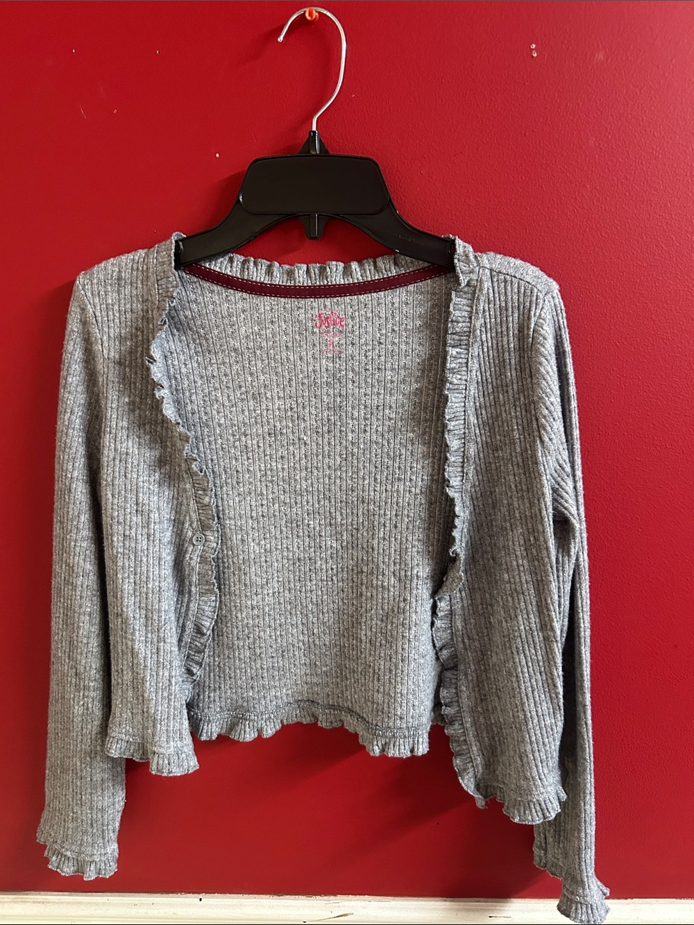 Justice Gray Ribbed Ruffle-Trim Sweater cardigan sz 7-8